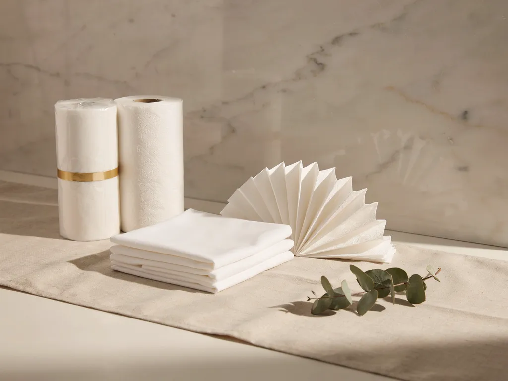 Hotel paper products — face tissue boxes and refill packs on a housekeeping cart