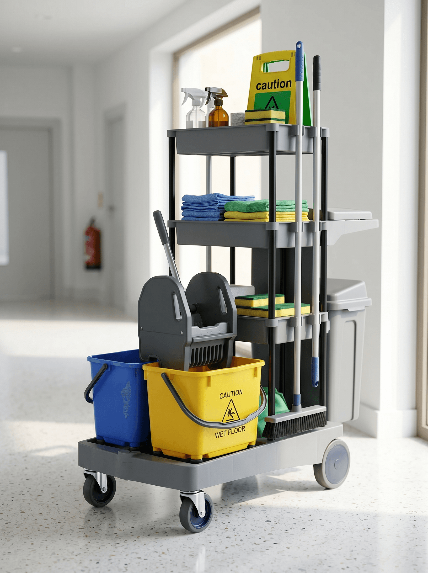 Multifunction janitor cart with twin buckets and storage