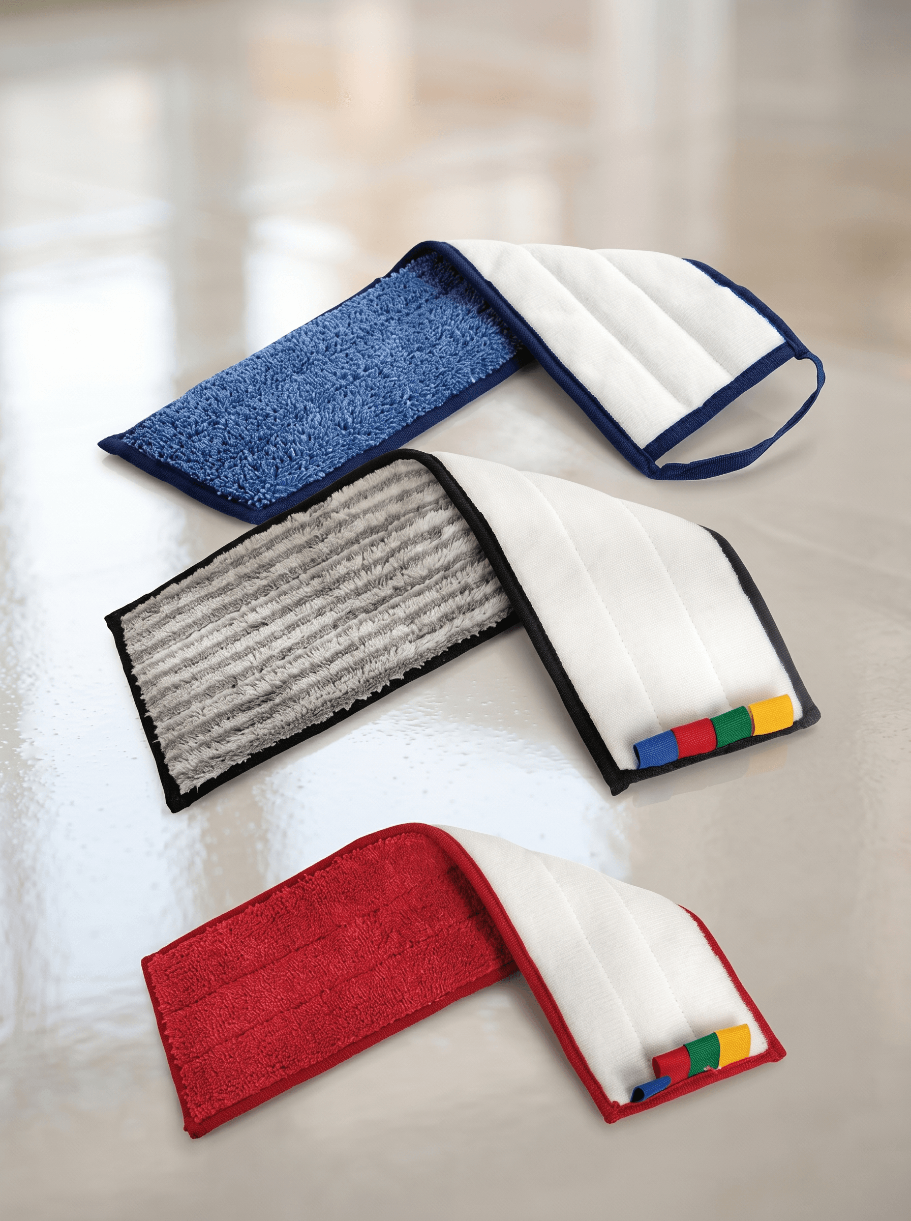 Colour-coded Velcro flat mop pads