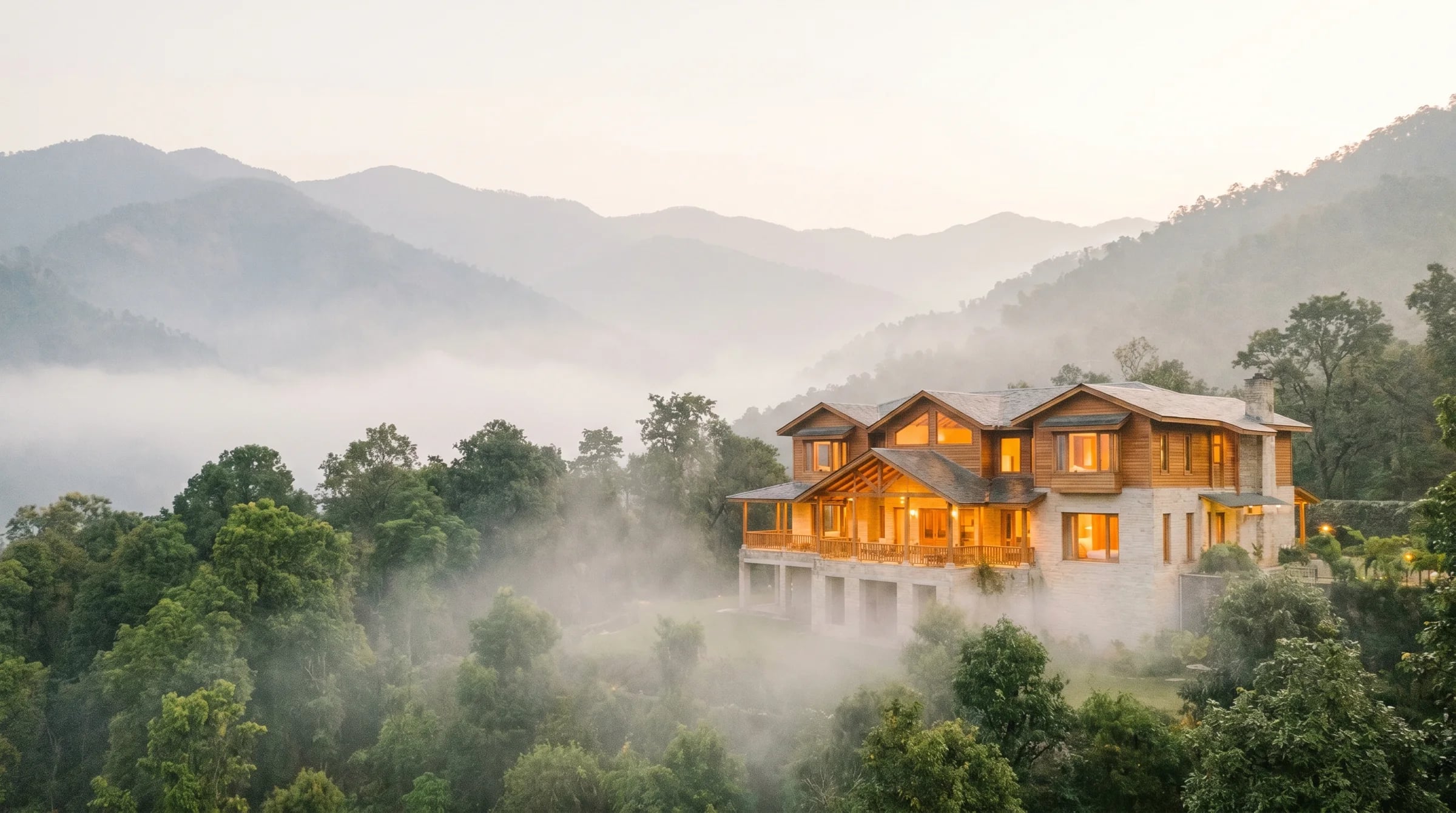 A resort property in the Corbett-Nainital belt, surrounded by forest, early morning light