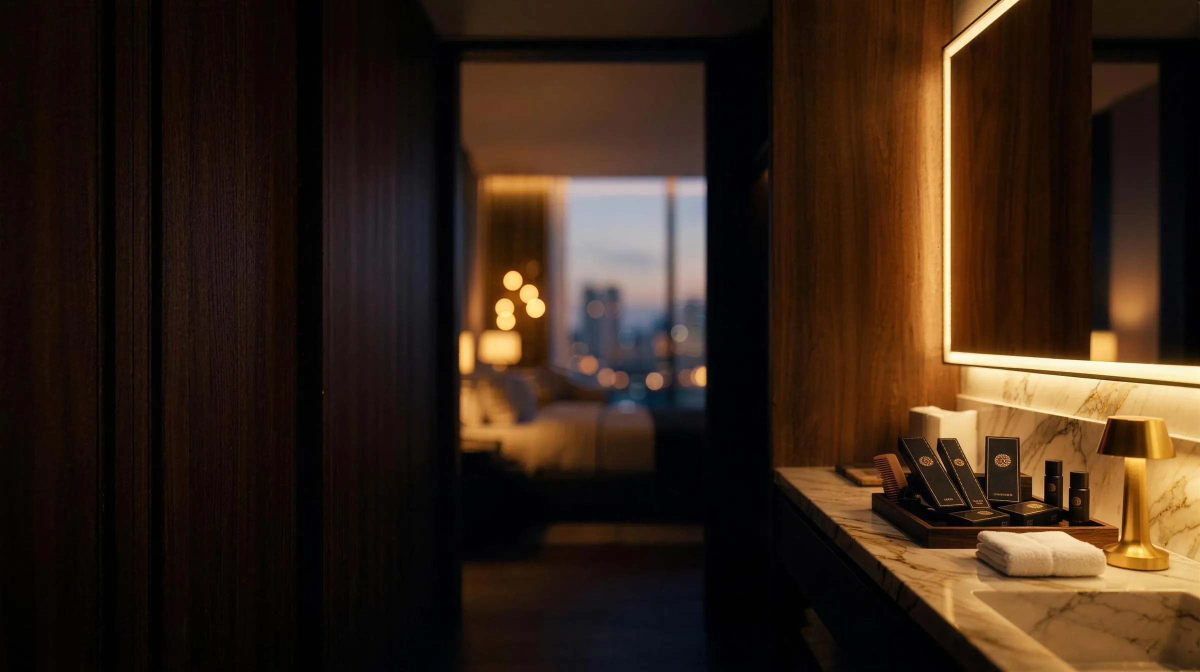 Hotel bathroom vanity set with branded toiletry kits