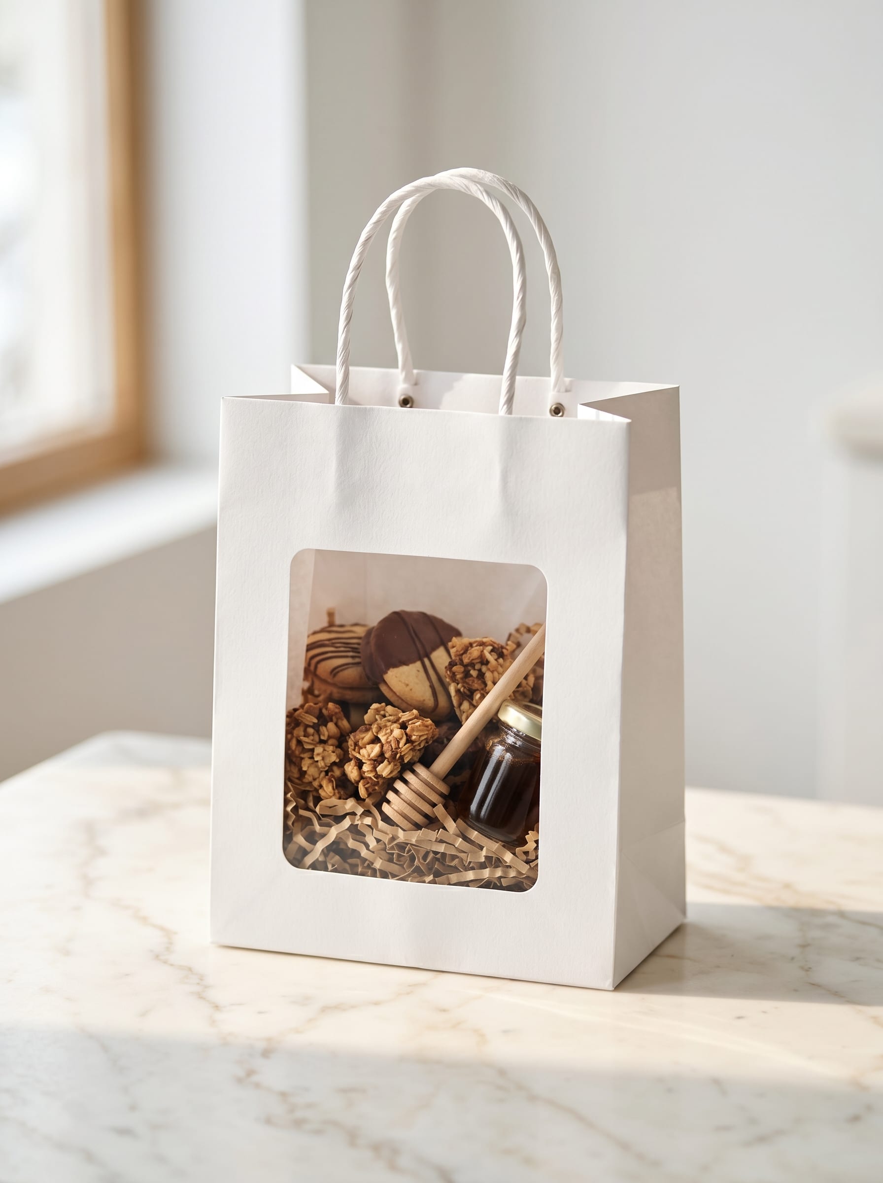 White paper gift bag with die cut window