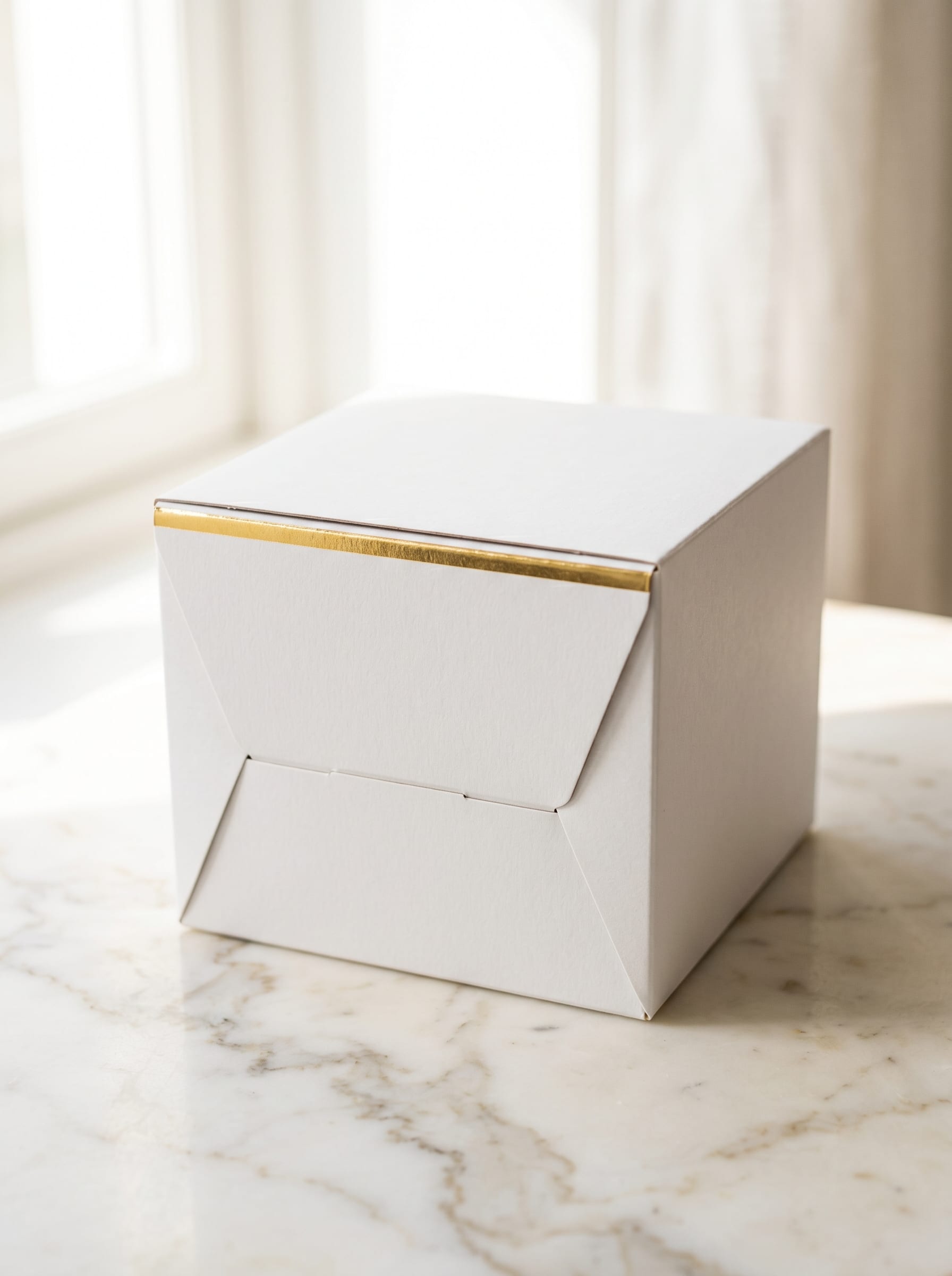 Elegant white cake box with gold foil strip