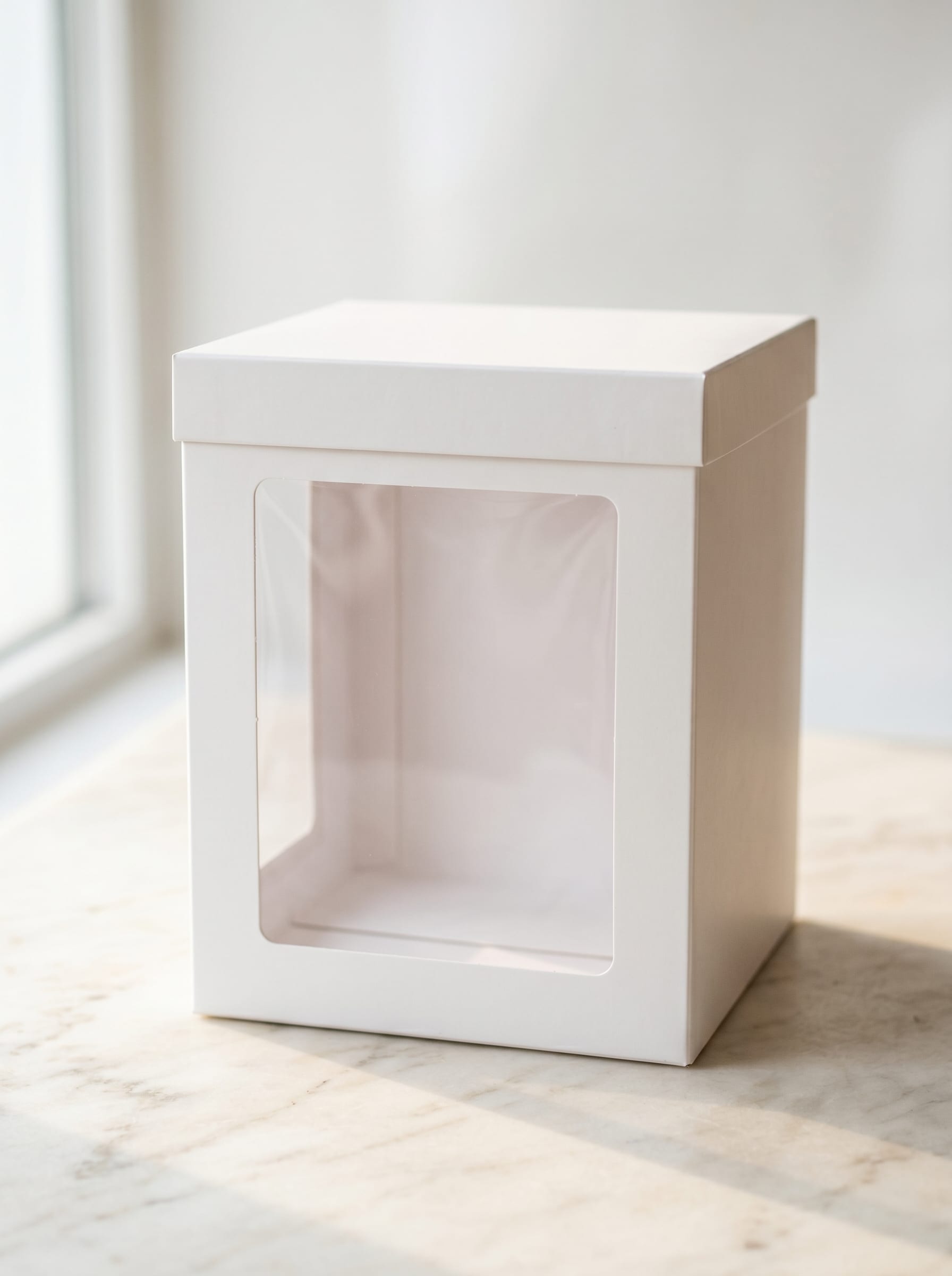 Tall white cake box with window panel