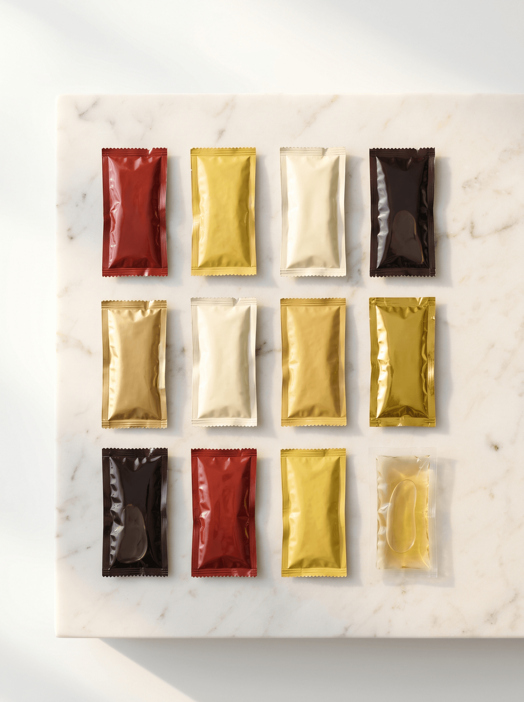 HORECA condiment sachet assortment flat lay