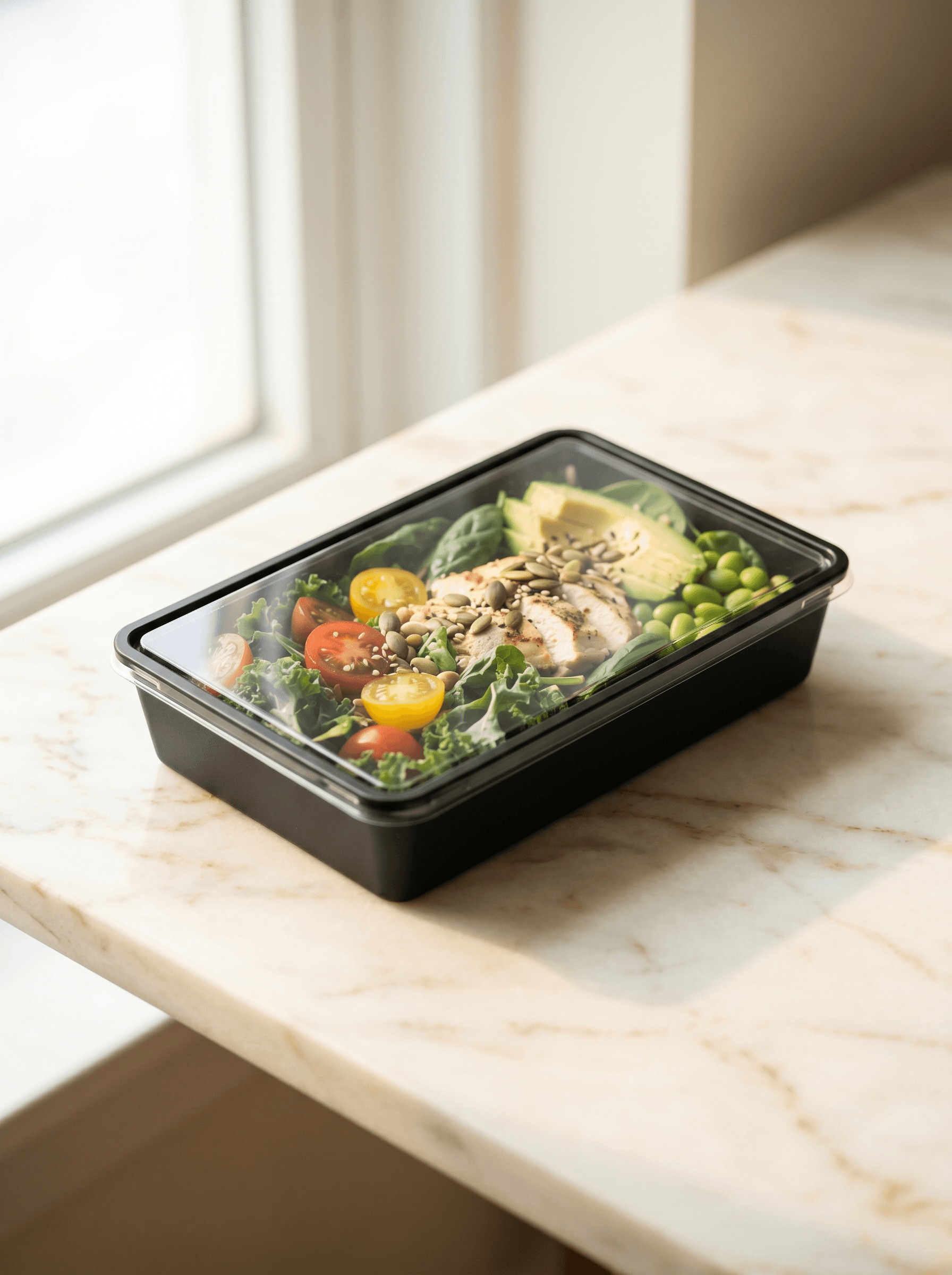 Black RE series rectangular container flat clear lid