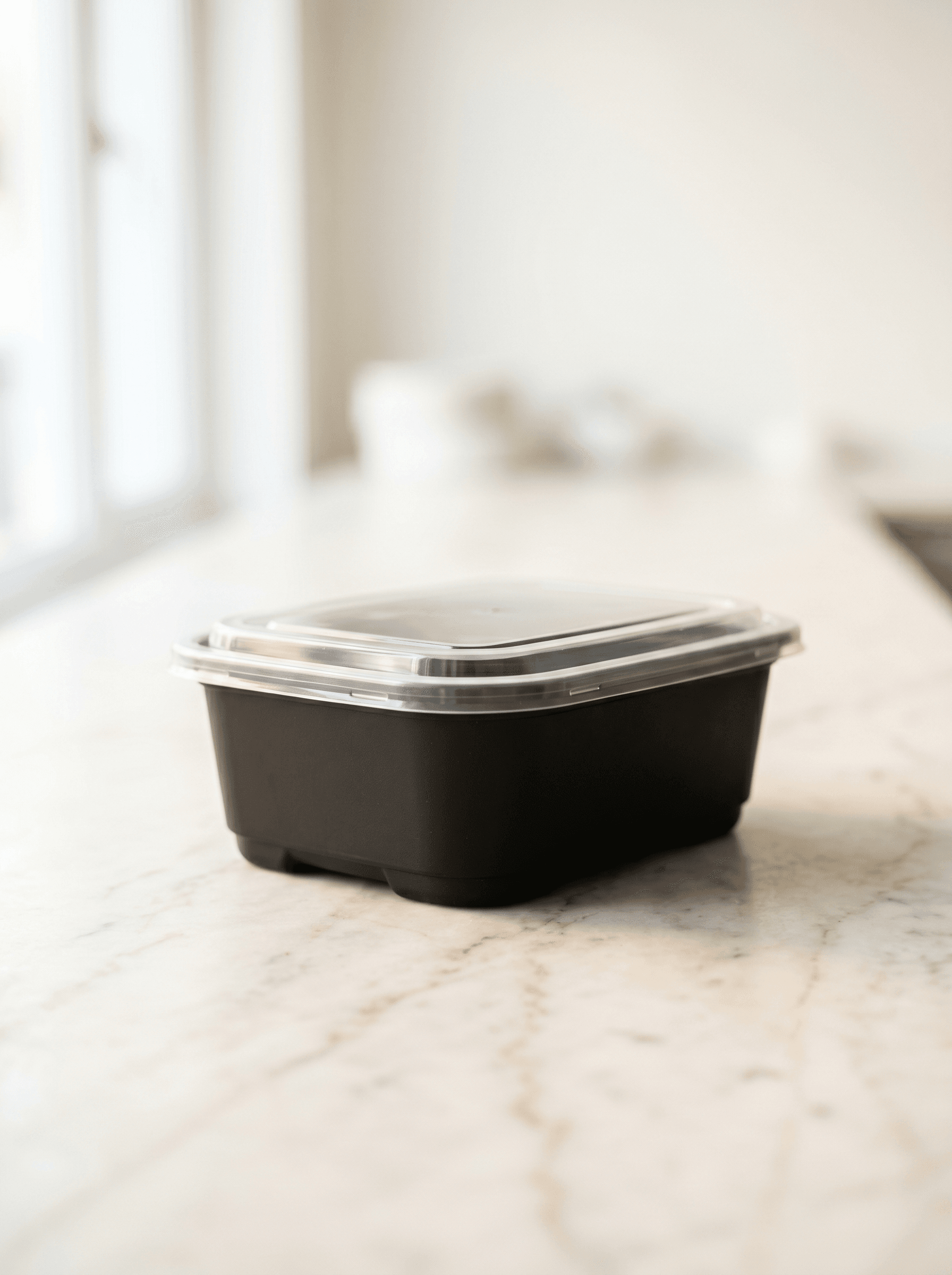 Black rectangular plastic takeaway container
