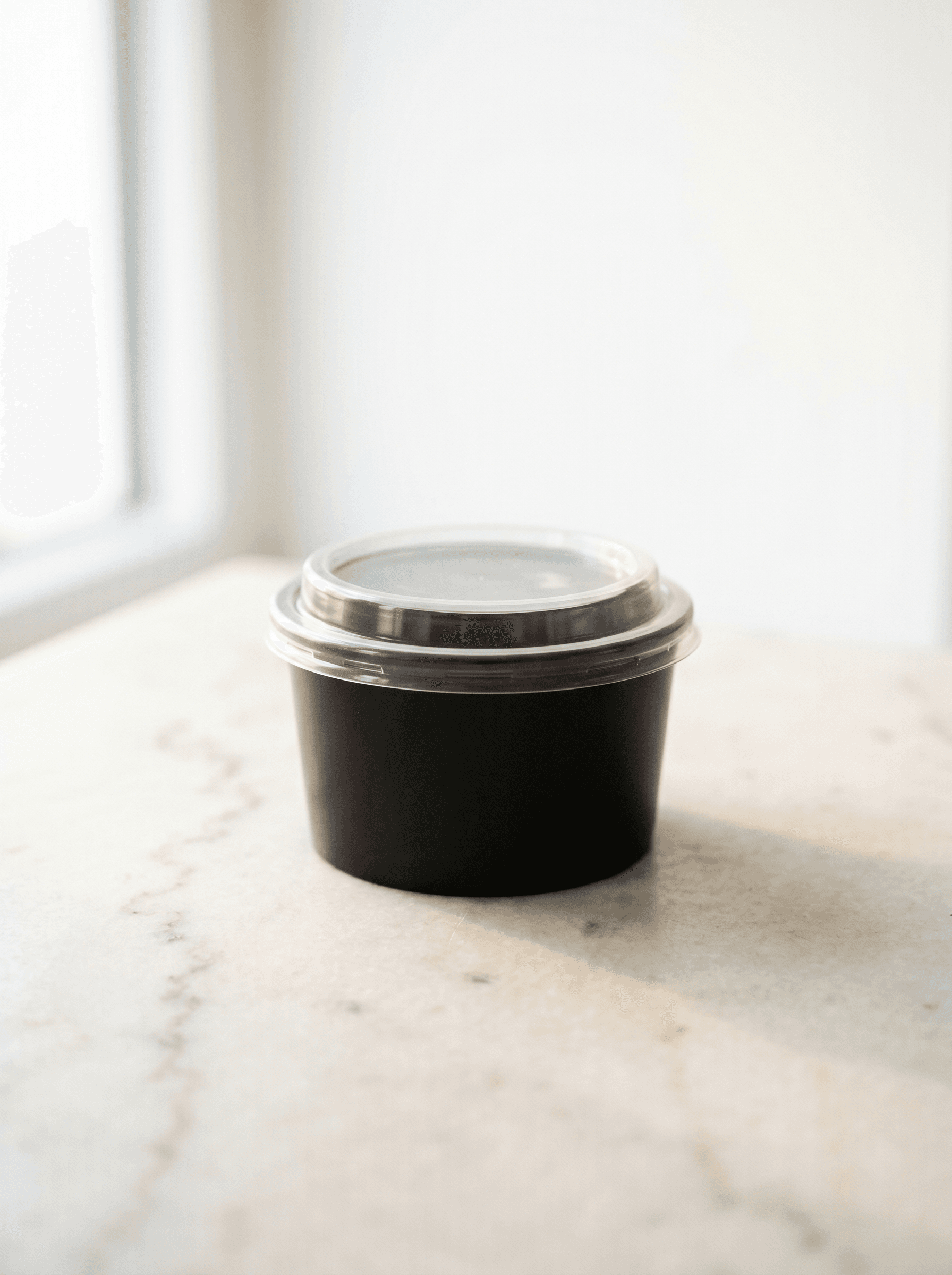 Black round plastic takeaway container with lid