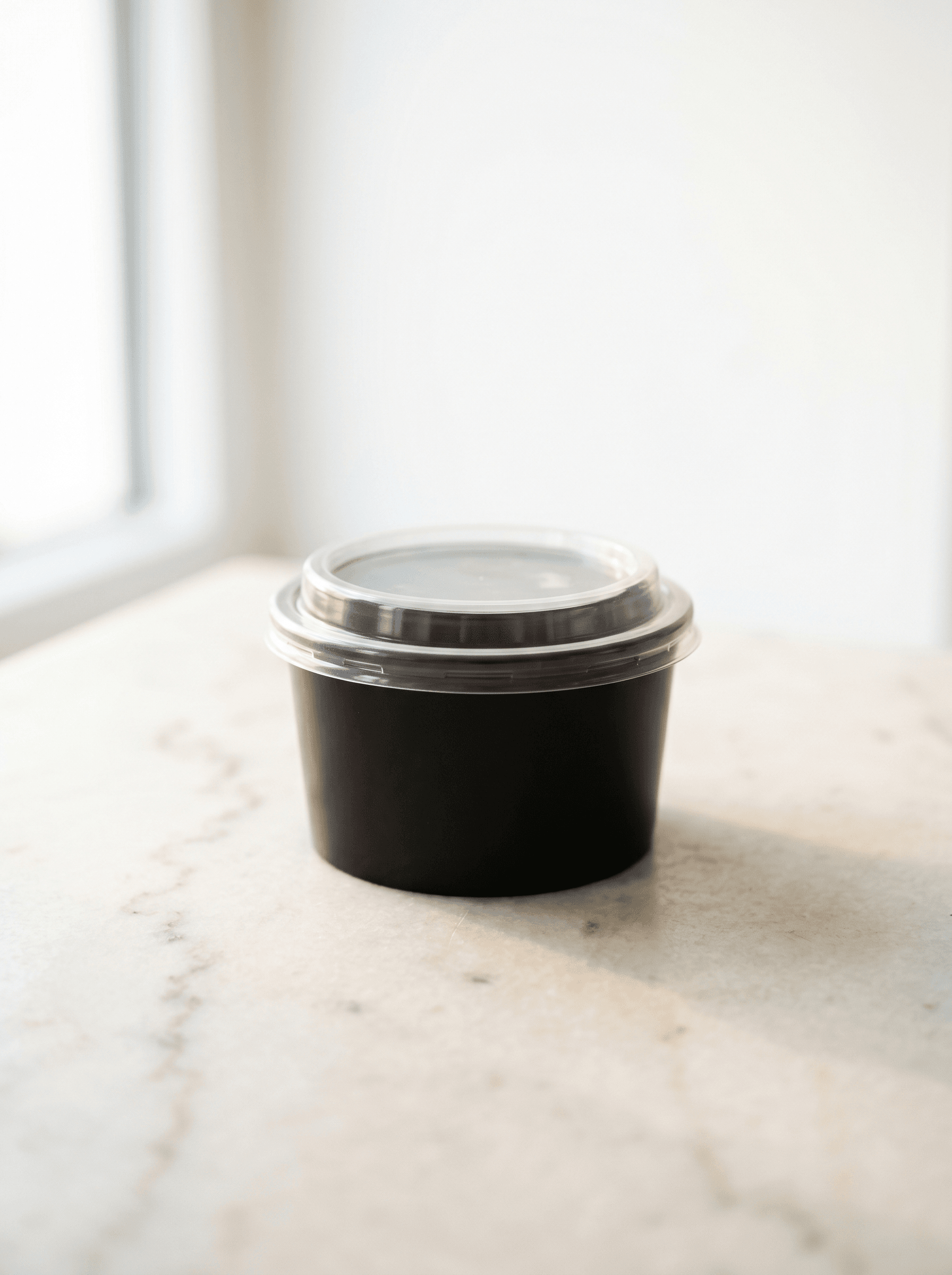 Black round plastic takeaway container with lid