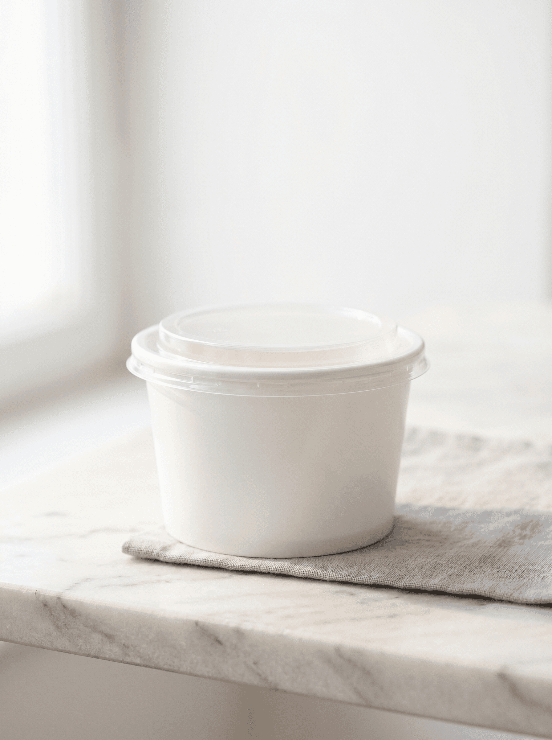 White round plastic takeaway container with lid