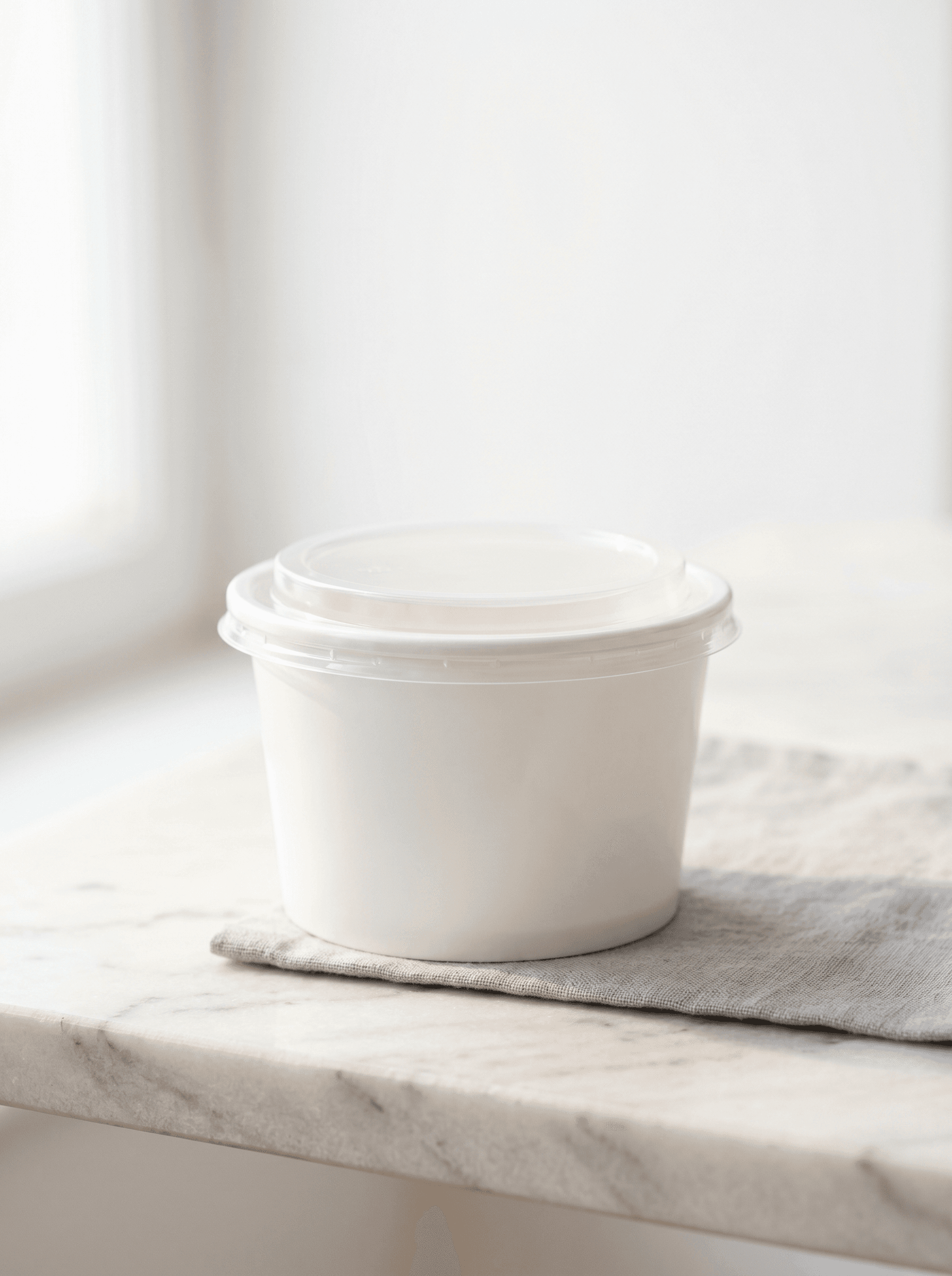 White round plastic takeaway container with lid