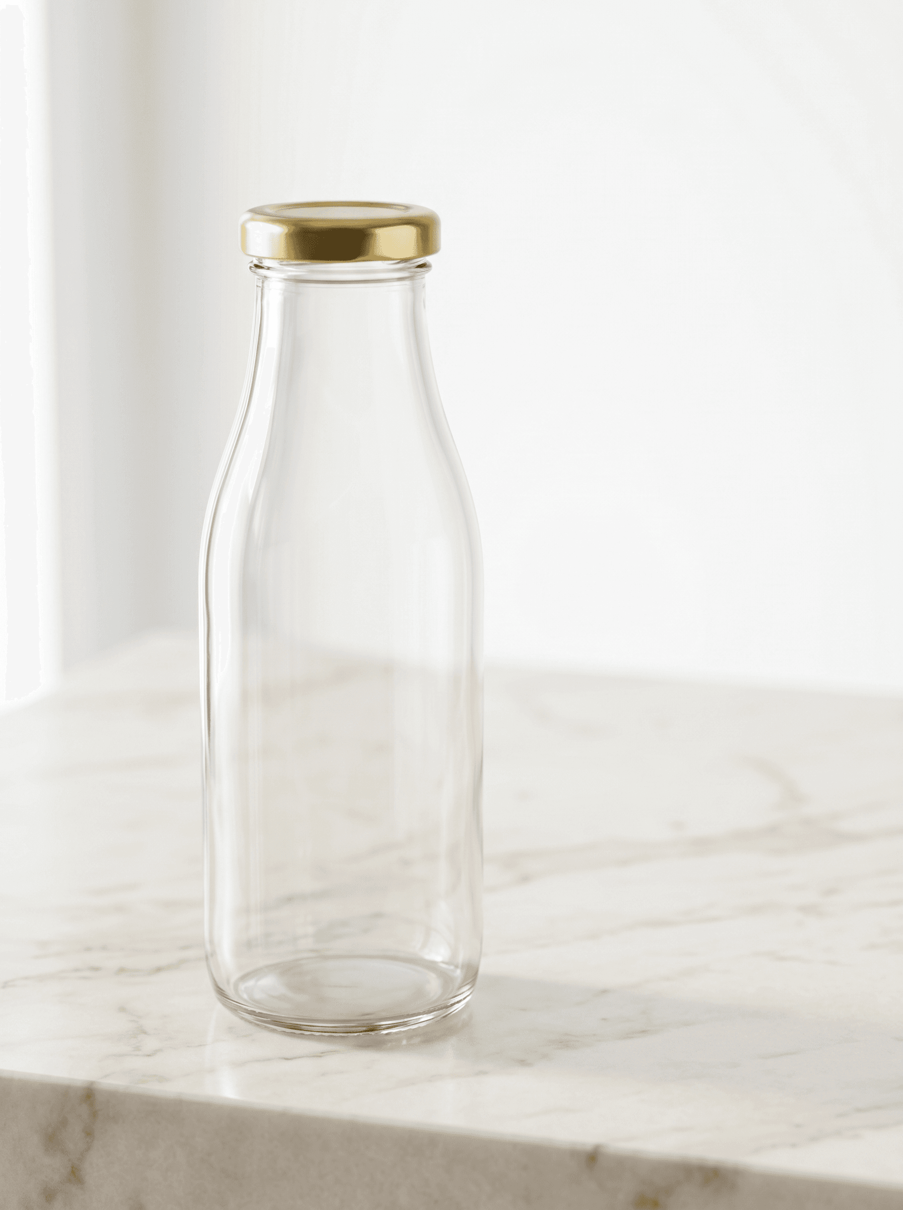 Glass milkshake and juice bottle with gold cap