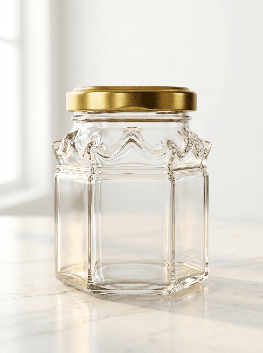 Crown hexagonal glass jar 120ml with gold lid