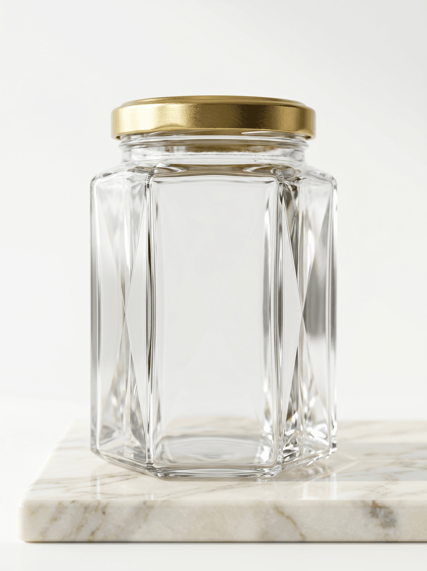 Hexagonal glass jar with gold metallic lid