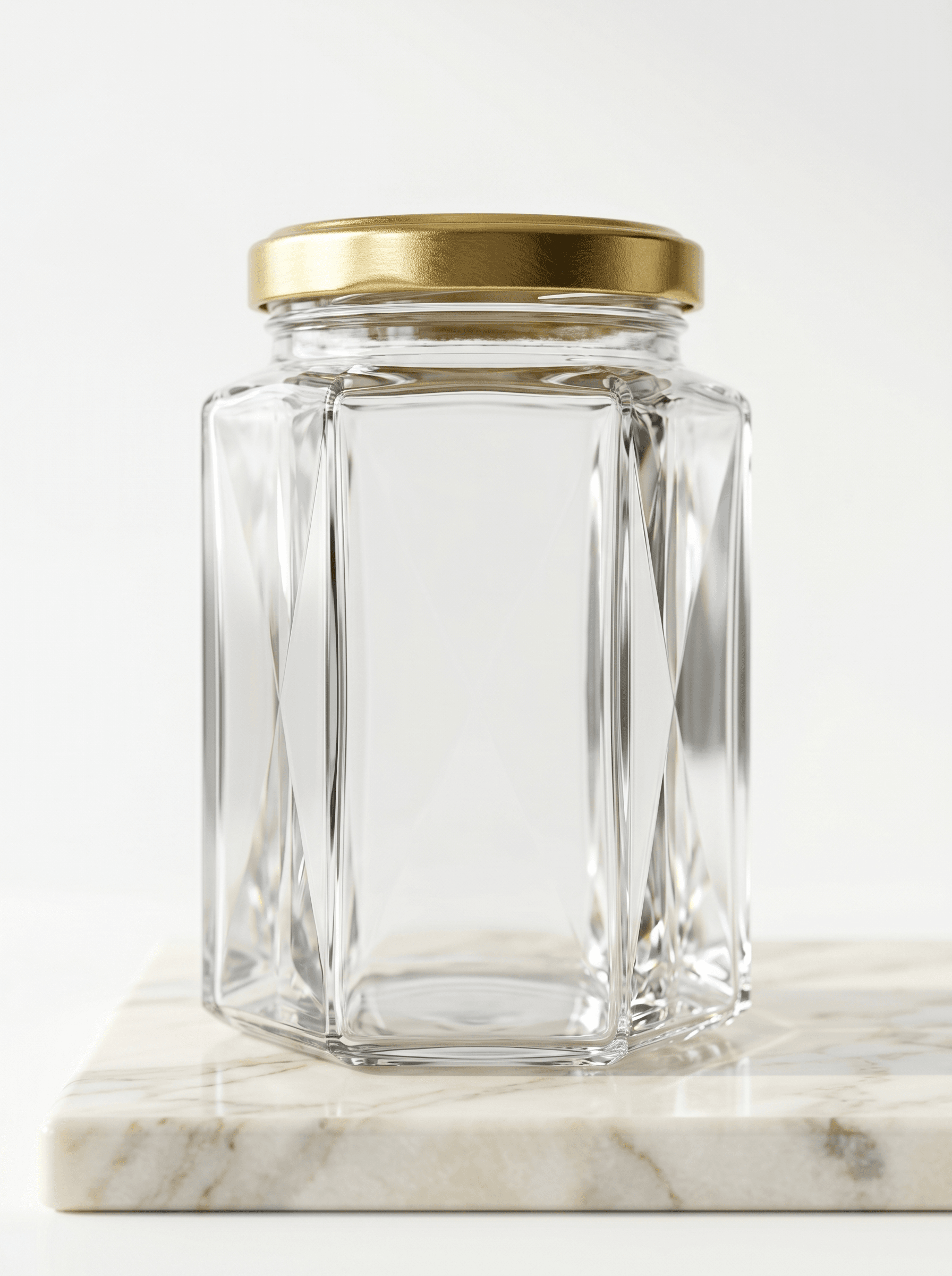 Hexagonal glass jar with gold metallic lid