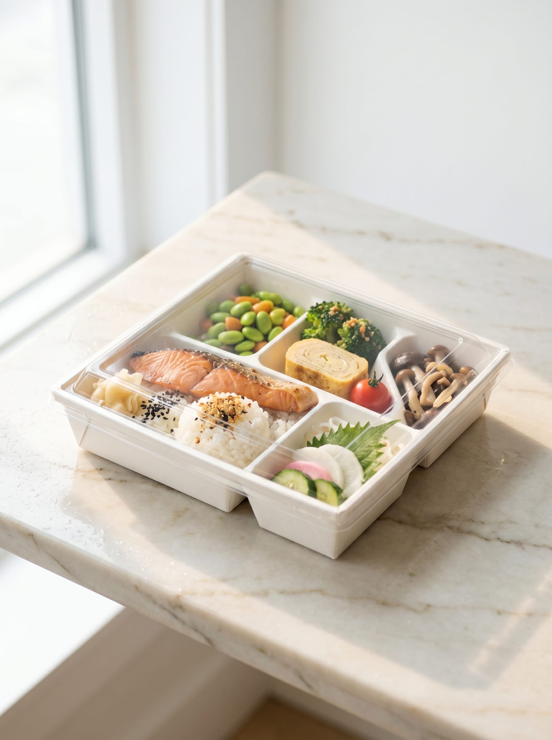 Paper bento tray with clear plastic lid
