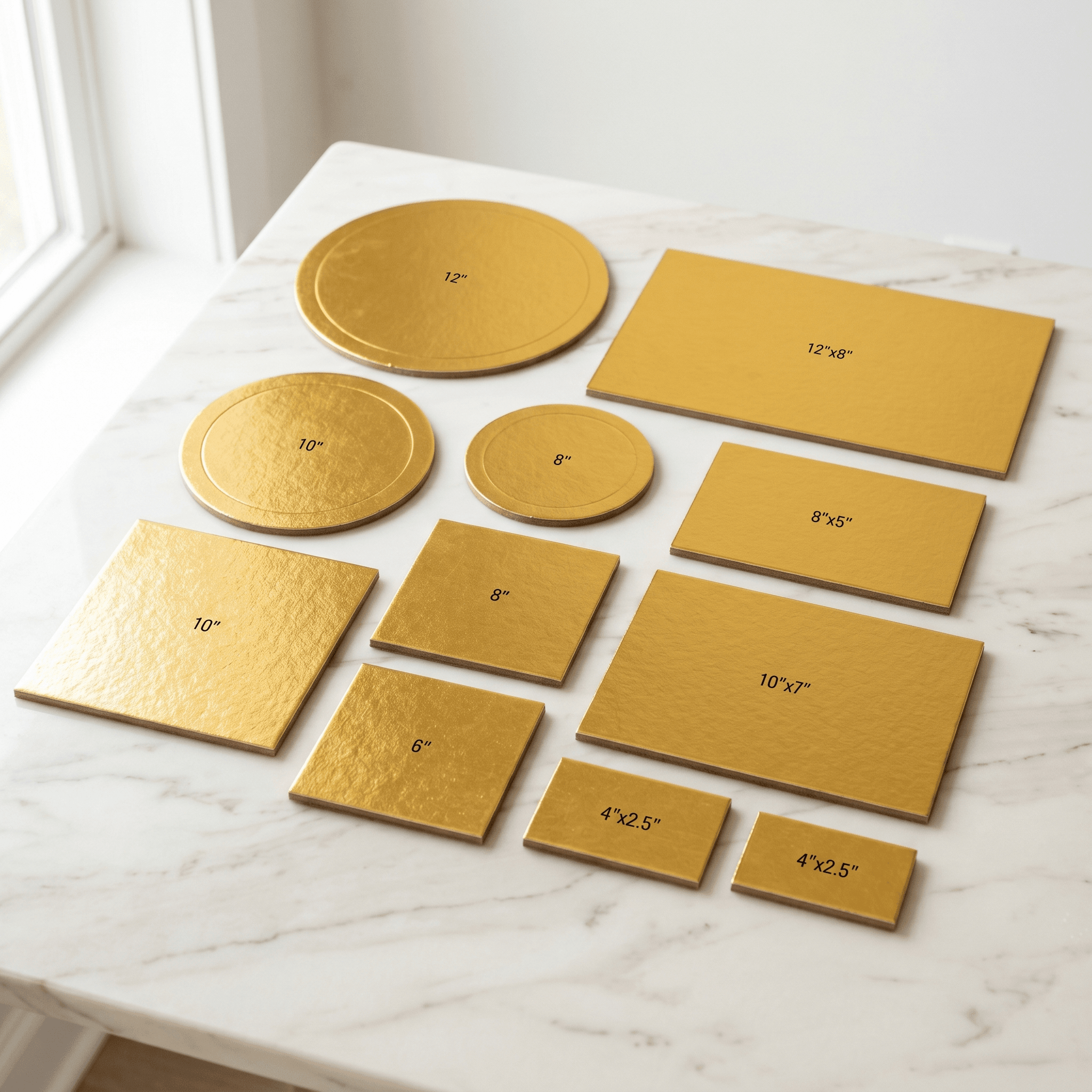 Gold foil pastry bases in multiple shapes