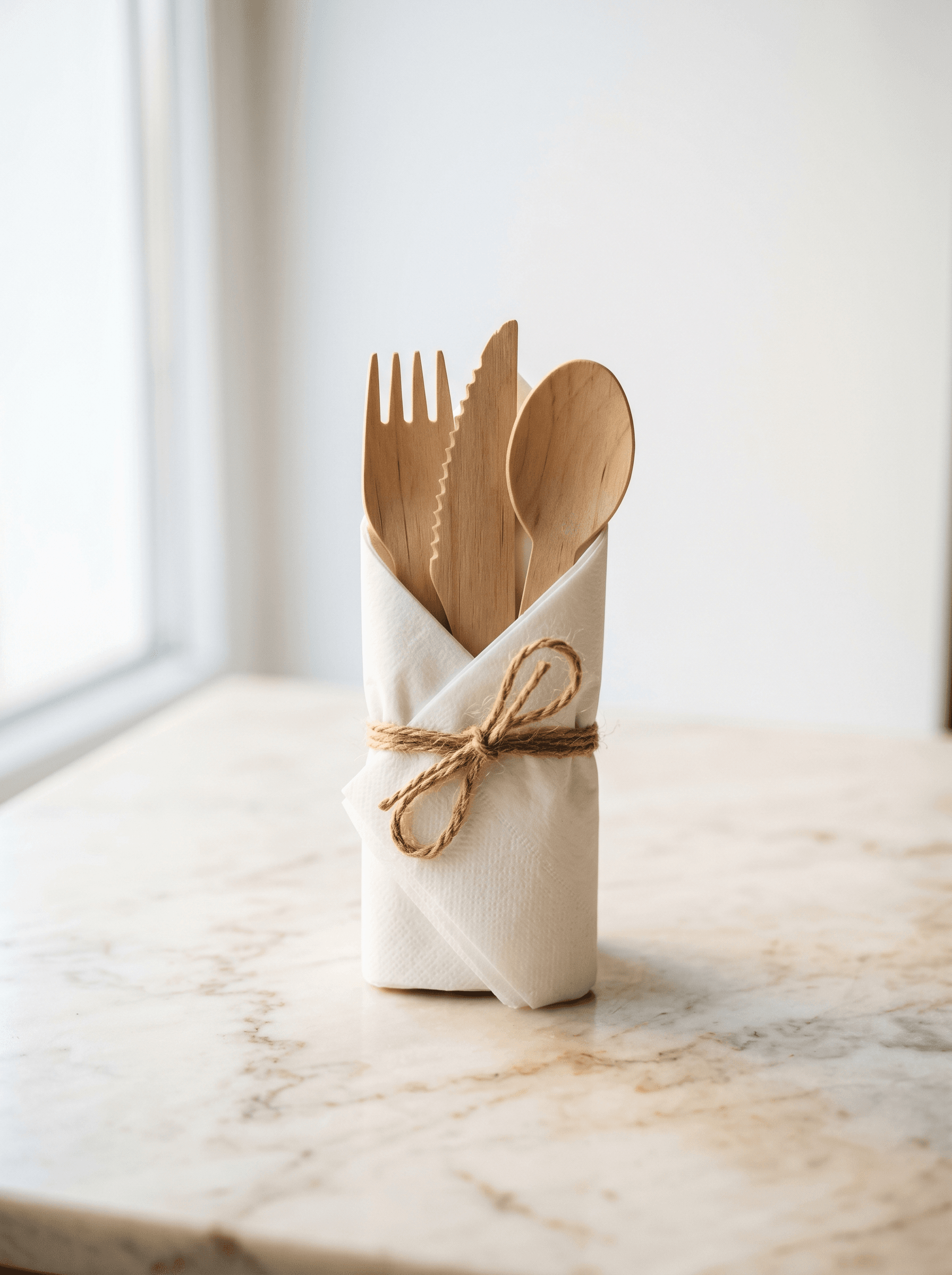 Wrapped birchwood cutlery kit in paper napkin